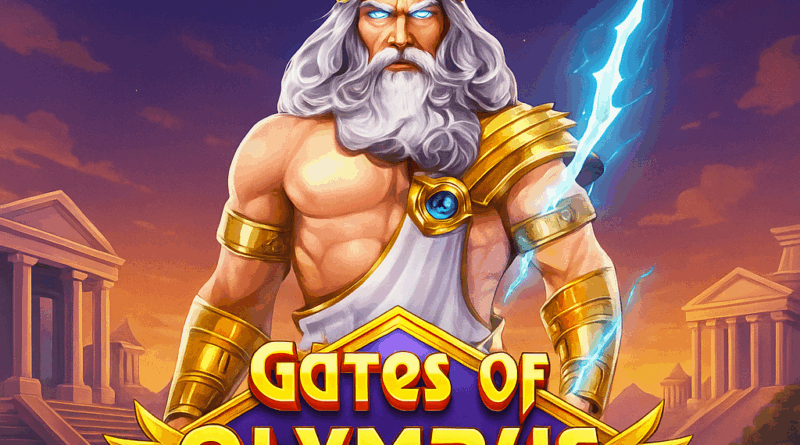 Ilustrasi Zeus dengan mahkota emas dan petir bercahaya di tangannya, latar belakang kuil Yunani, teks promosi “Pola Slot Gacor 2025: Gates of Olympus