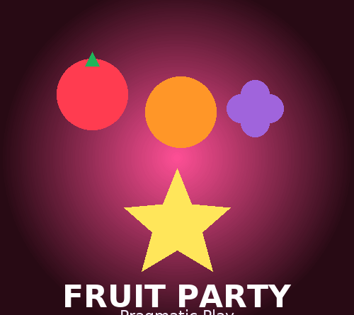 Ikon buah warna-warni dan bintang pada latar gradasi magenta-oranye