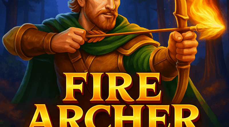 Ilustrasi Fire Archer Pragmatic Play menampilkan pemanah berkostum hijau yang menarik busur dengan panah api, dengan latar hutan malam dan logo game di bagian bawah.