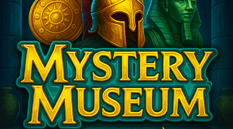 Logo Mystery Museum Pragmatic Play dengan latar museum kuno dan artefak bercahaya emas