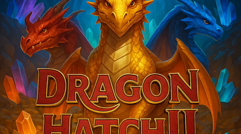 Dragon Hatch II PG Soft menampilkan tiga naga—emas, merah, dan biru—di dalam gua kristal dengan judul game di gambar.